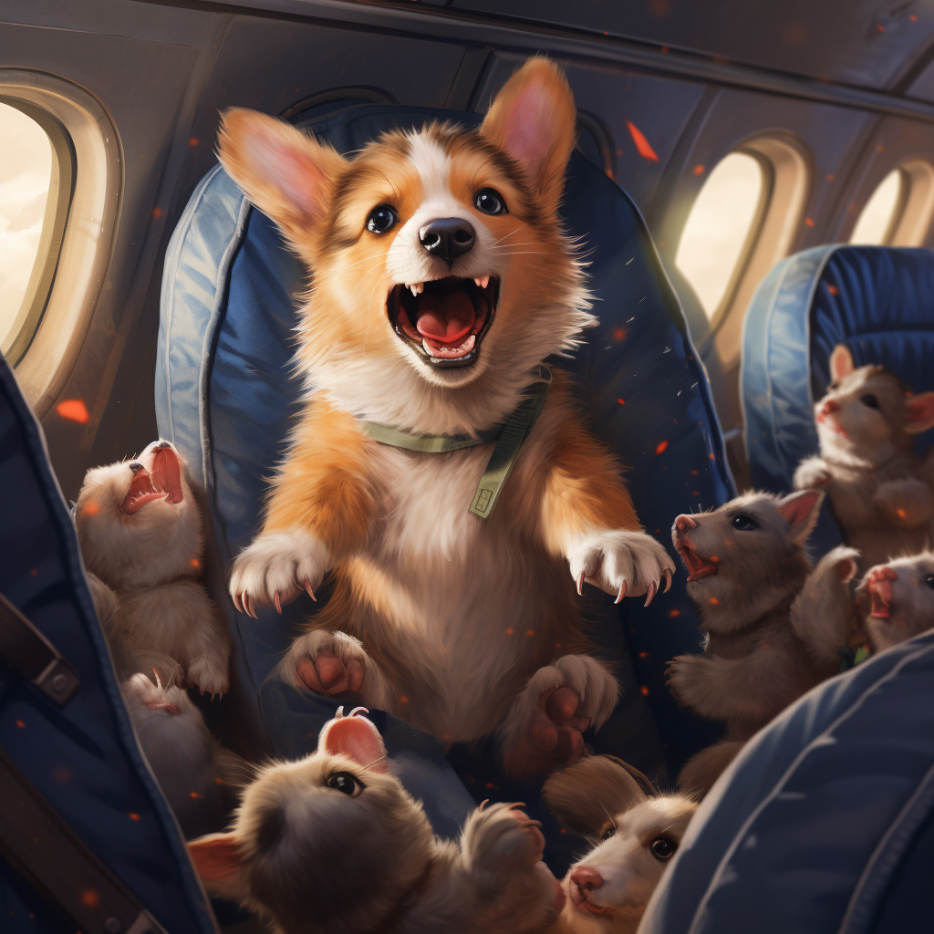 Annoyed corgi on a plane with crying babies