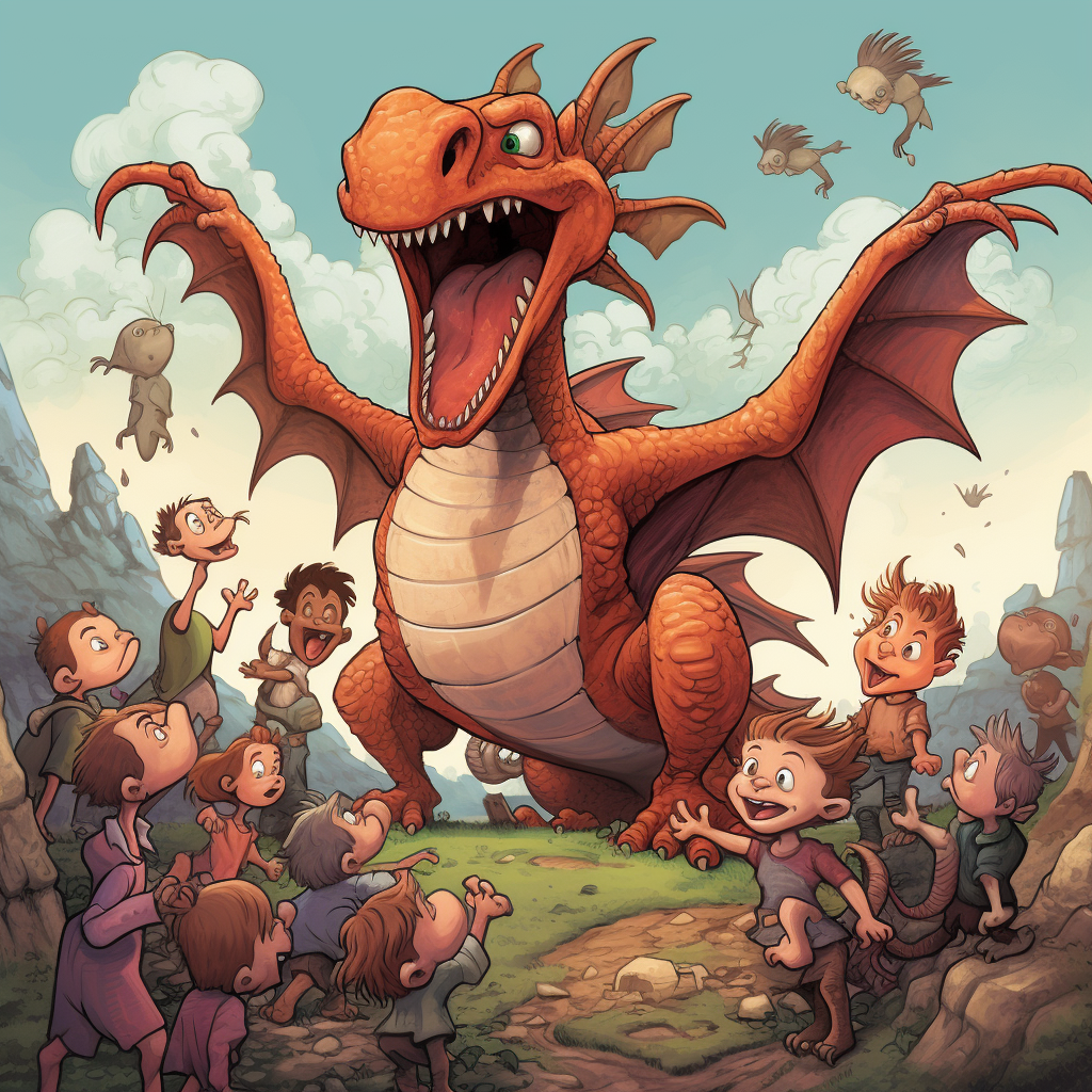 Annoyed Dragon with Children Touching Him