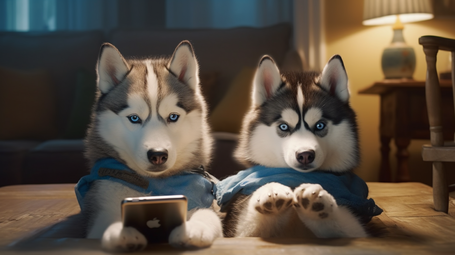 Two Husky Dogs with Smartphones