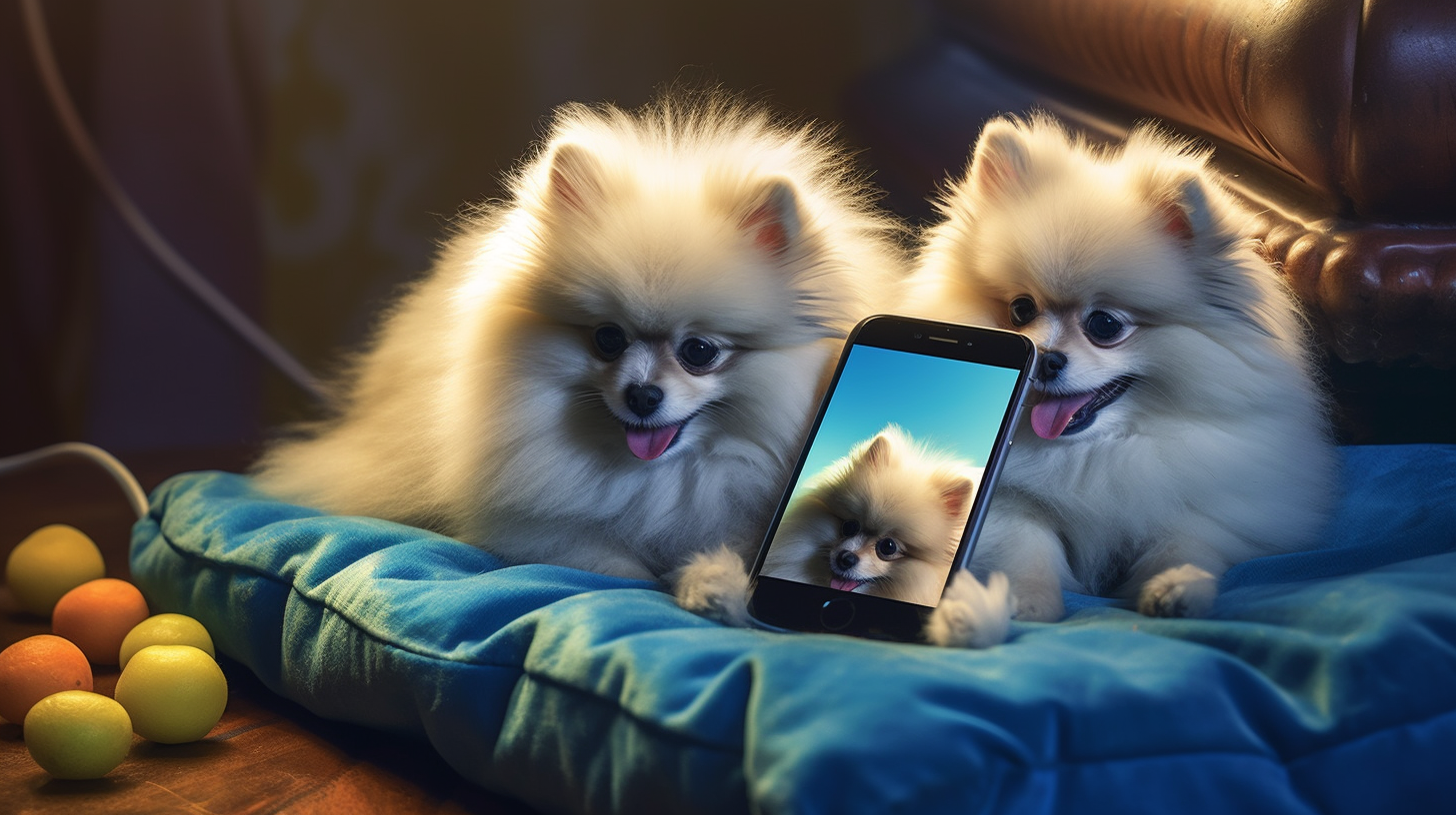 Two annoyed Pomeranian dogs with smartphones