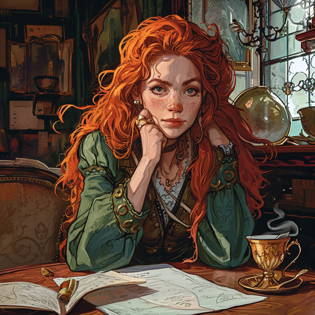 Annoyed red-haired female halfling wizard in coffee house with spellbook