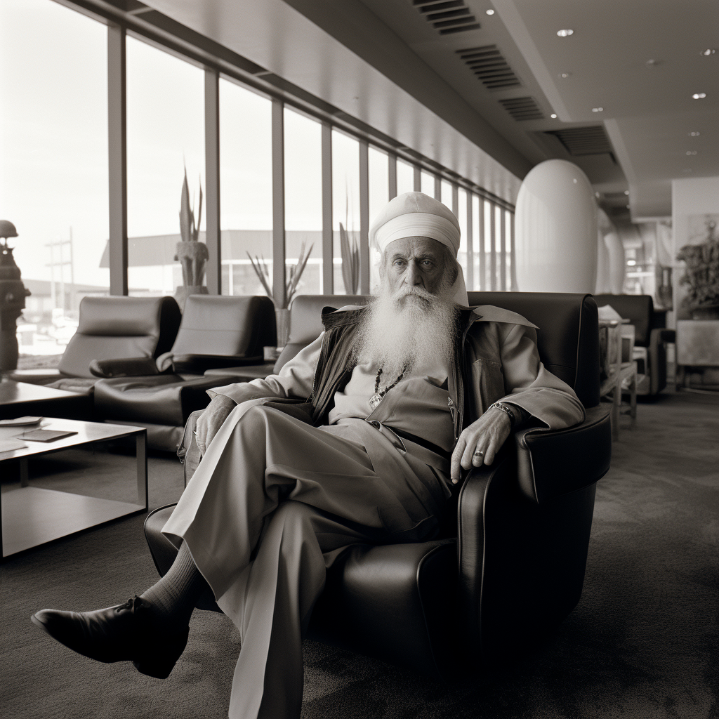 Ansel Adams sitting in airport lounge