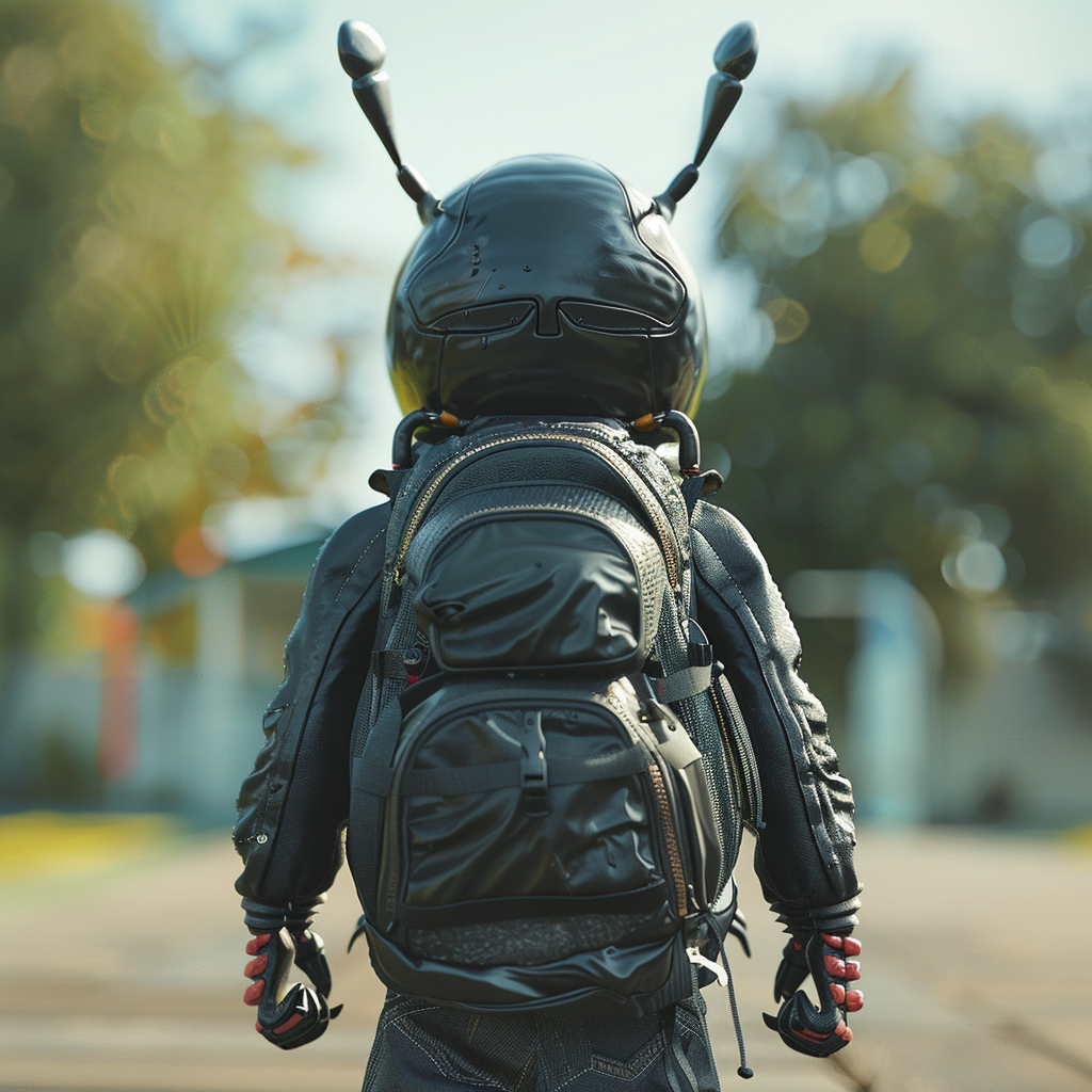 Ant child with black backpack