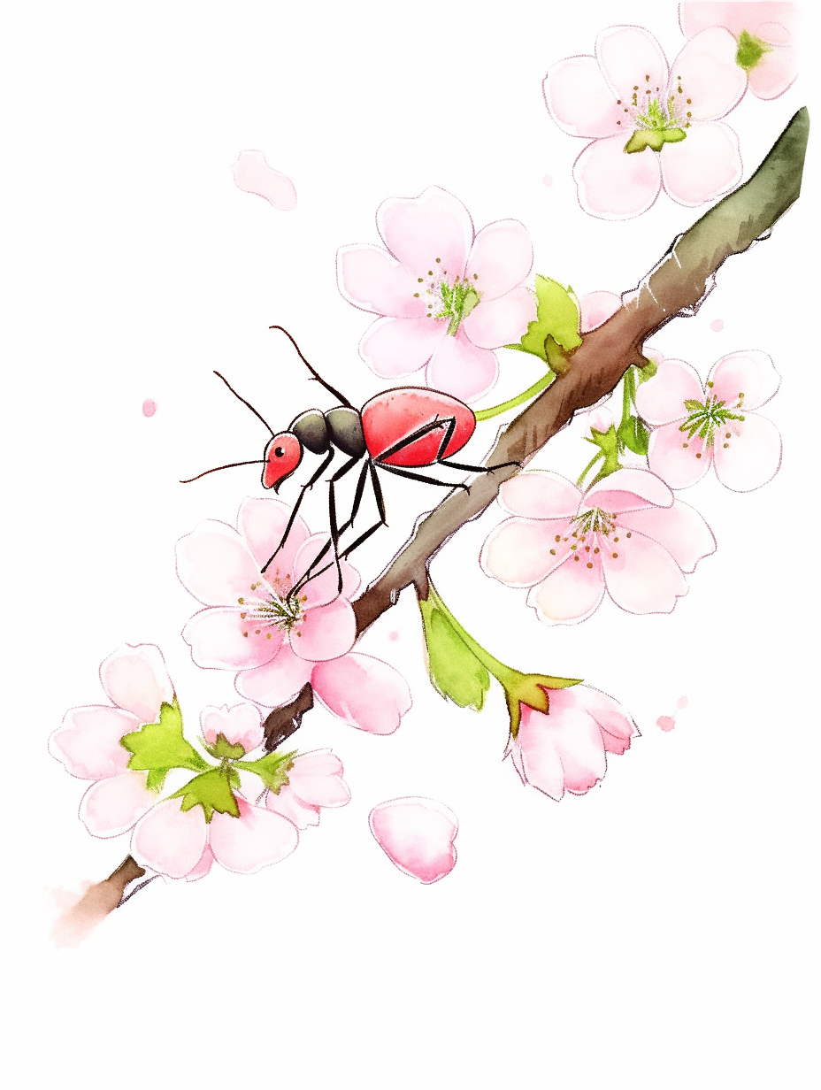 Ant under plum blossom on white background