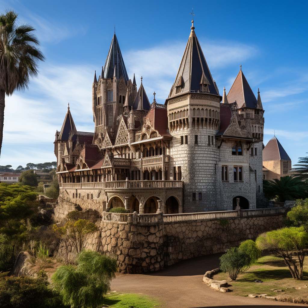 Imposing stone building with gray roof and towers