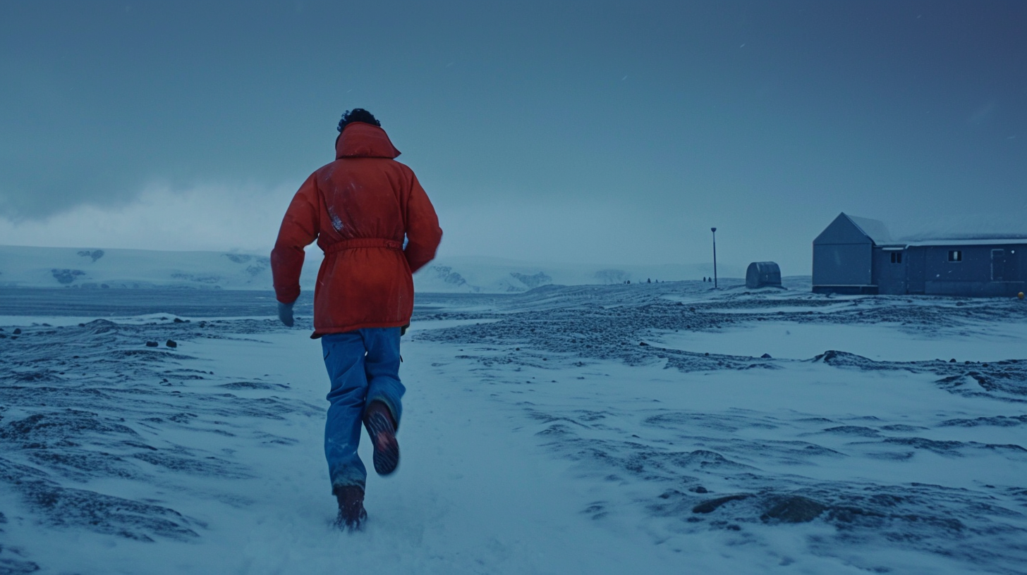 Man running away from horizon in Antarctica