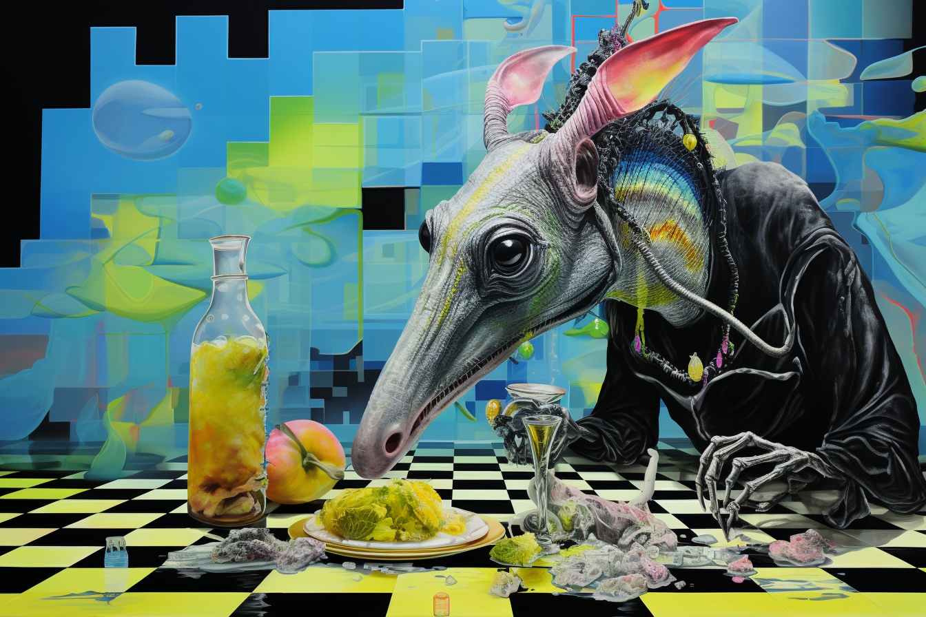 Anteater queen eating black sock against vibrant rainy background