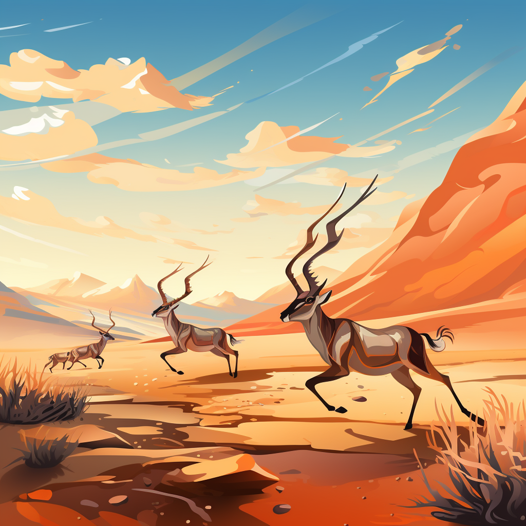 Fleeing antelopes in beautiful landscape