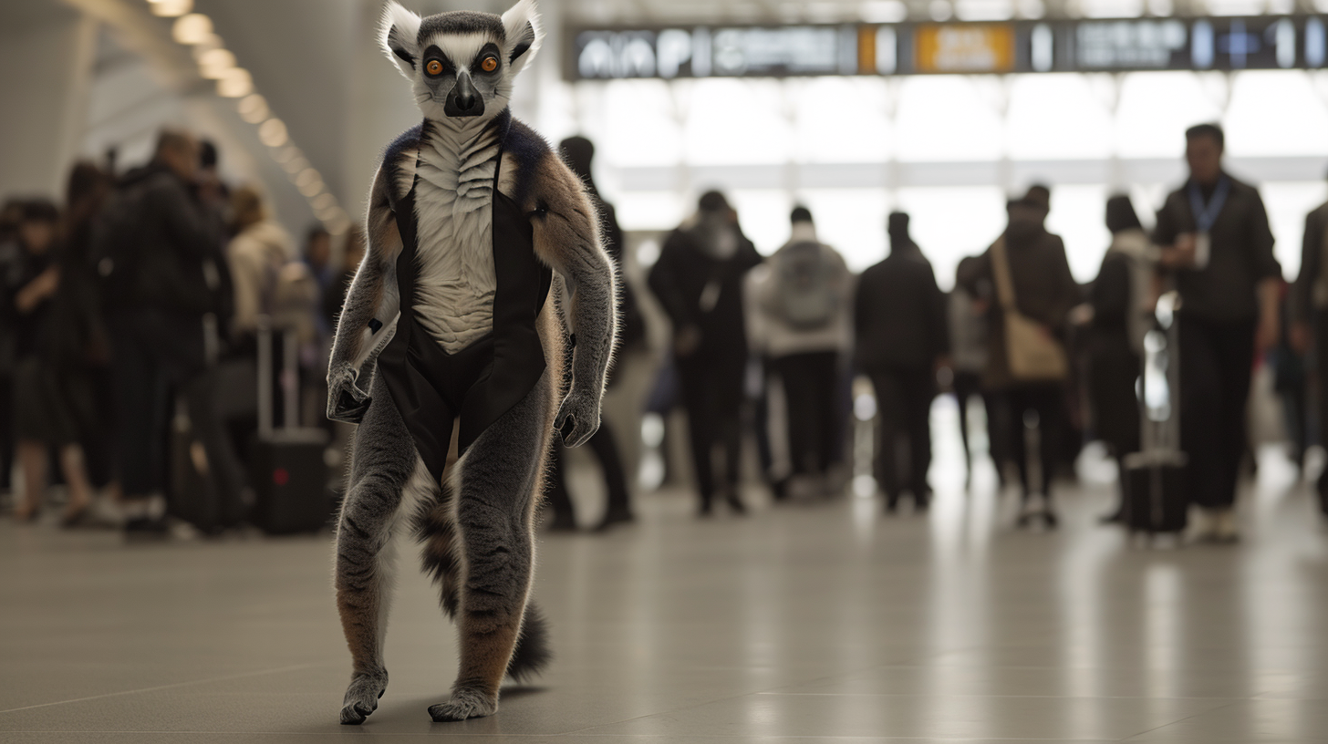 Anthro lemur walking in airport environment