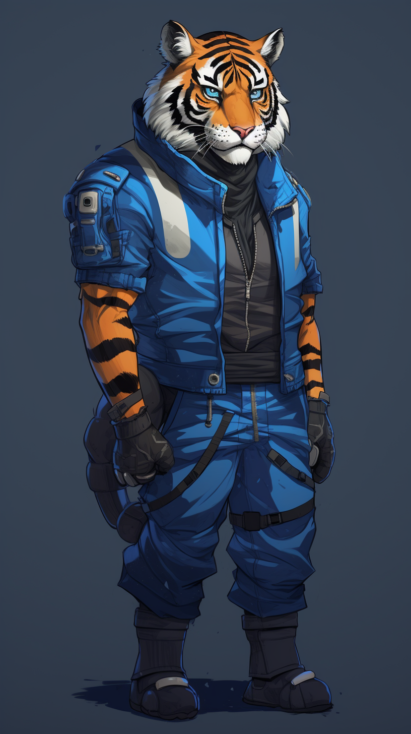 Anthro Tiger Furry Superhero in Blue Jumpsuit