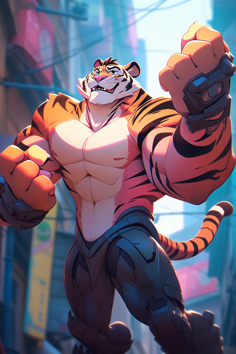 Anthro Tiger Fursona flexing biceps