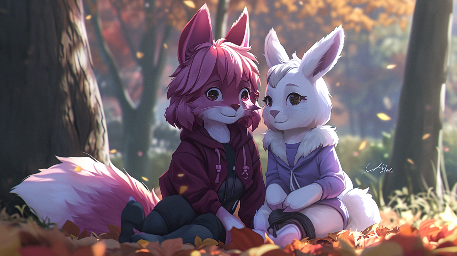 Cute anthropomorphic furry friends in the park