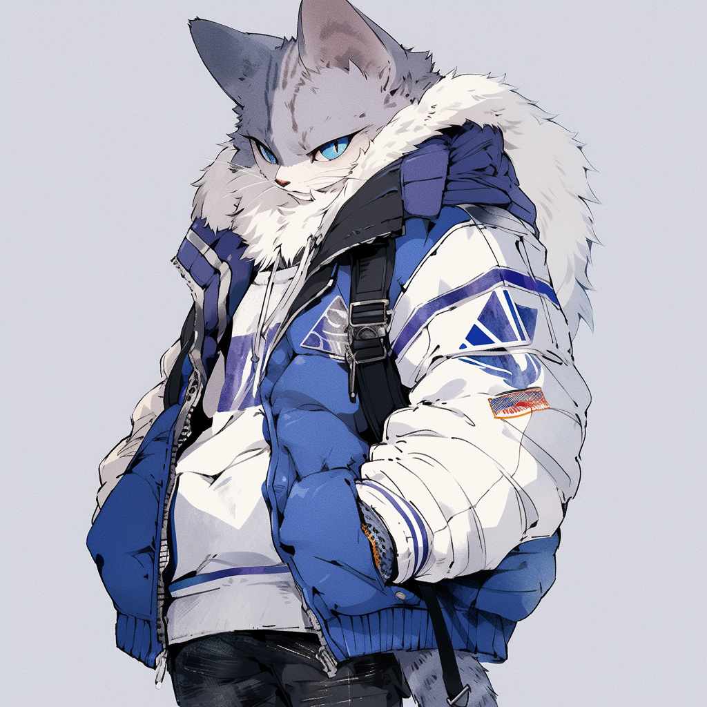 Anthro cat in blue and purple jacket