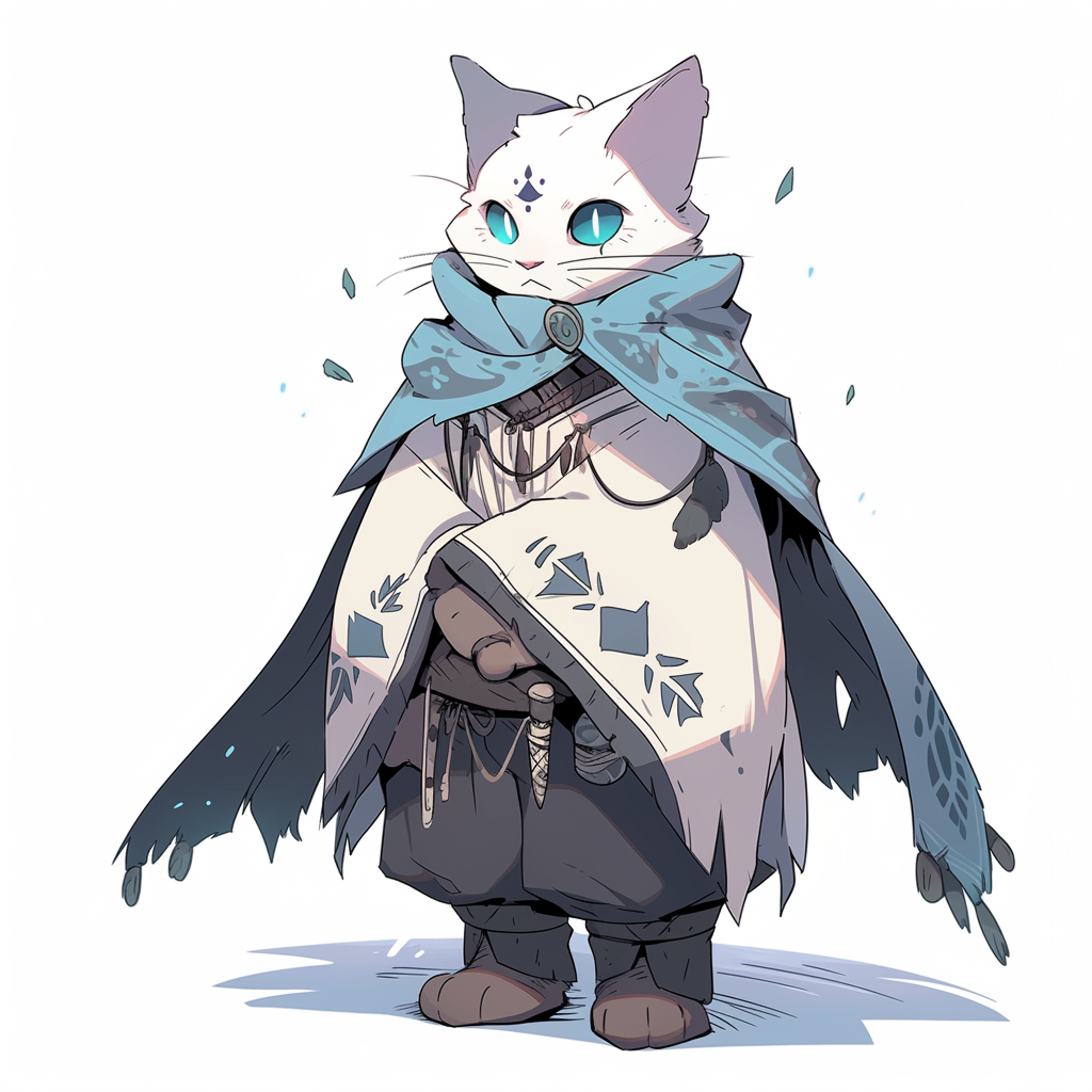 Anthropomorphic cat wearing a blue and purple cloak