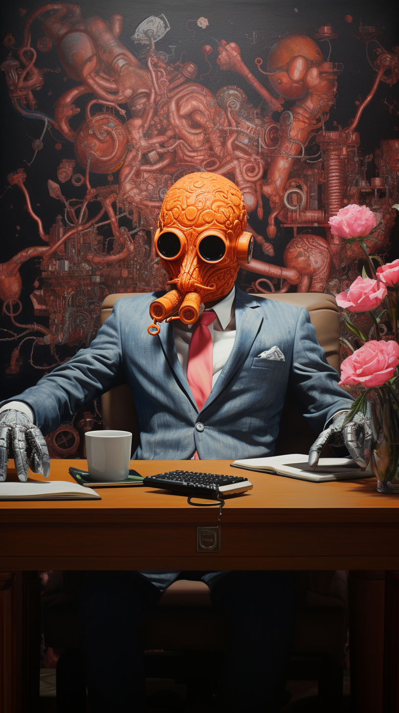 Anthropomorphic Coral at Desk with Whiskey and Handgun