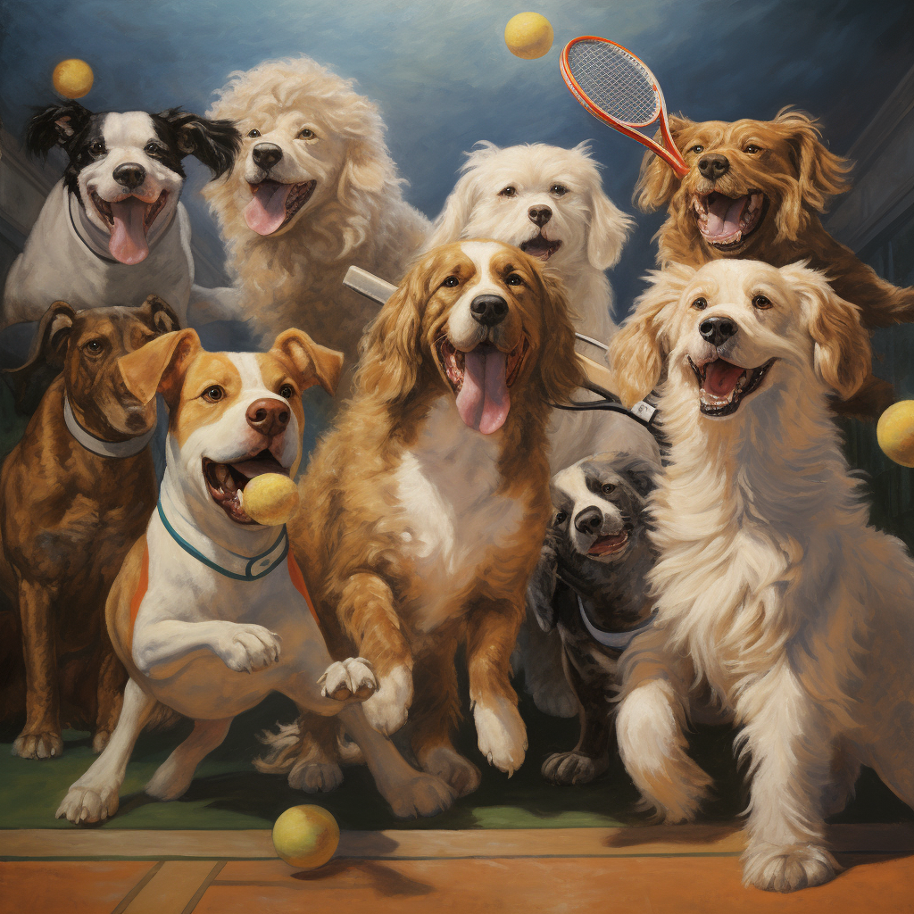 Anthropomorphic dogs playing tennis