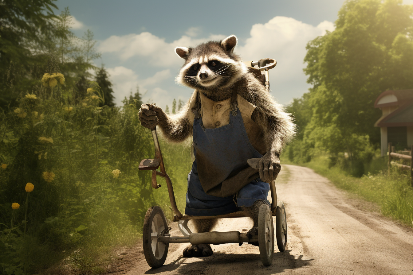 Anthropomorphic elderly raccoon using walker on a country lane