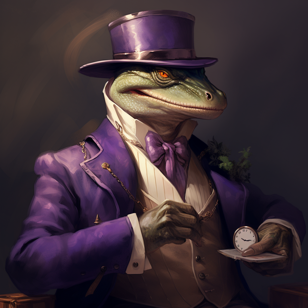 Anthropomorphic Aligator in Purple Waistcoat and Top Hat