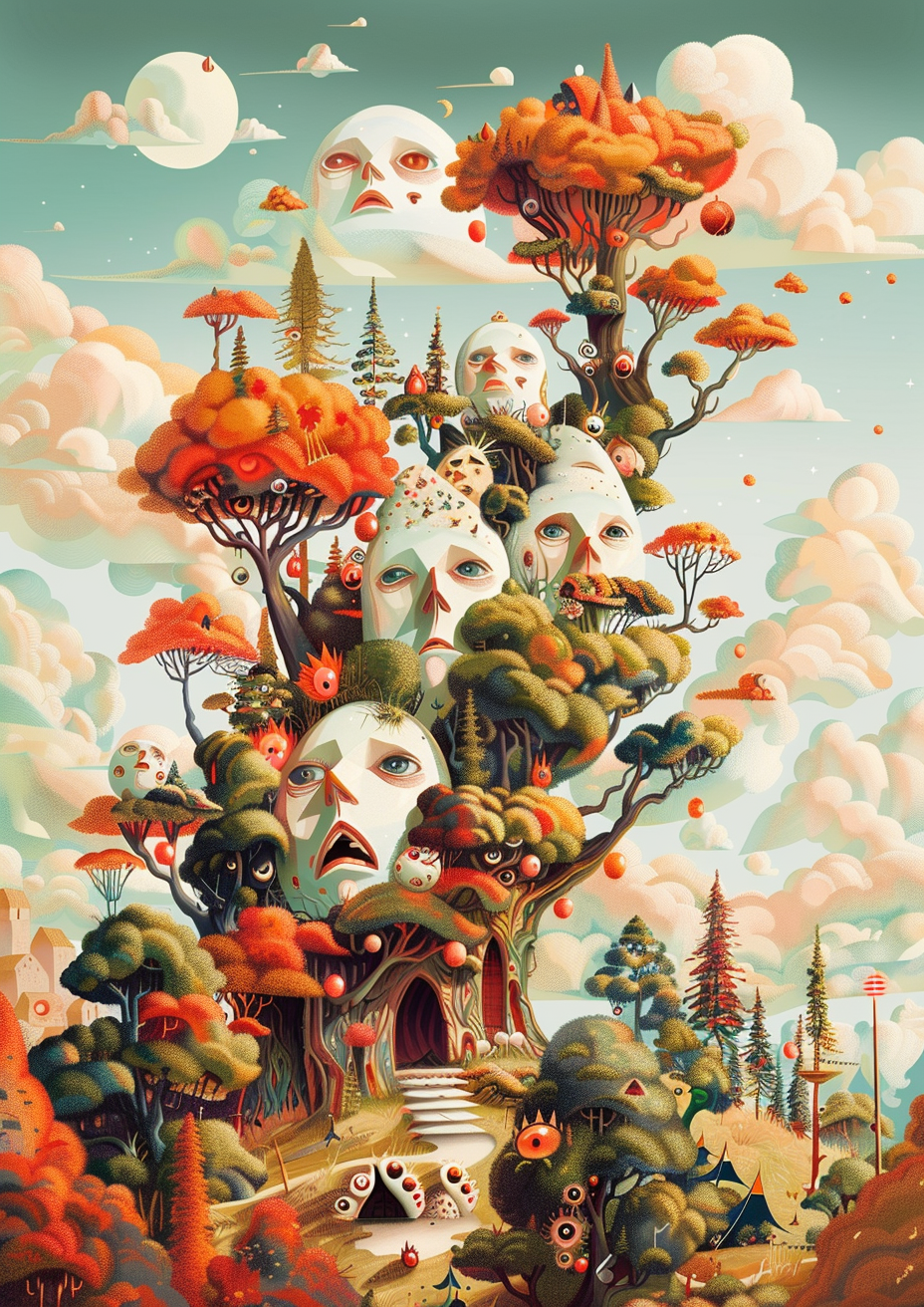 Anthropomorphic Heads Playing in Vast Landscape