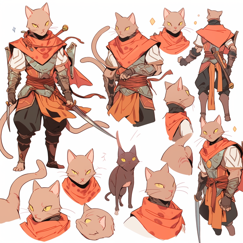 Anthropomorphic hybrid cat character in various poses