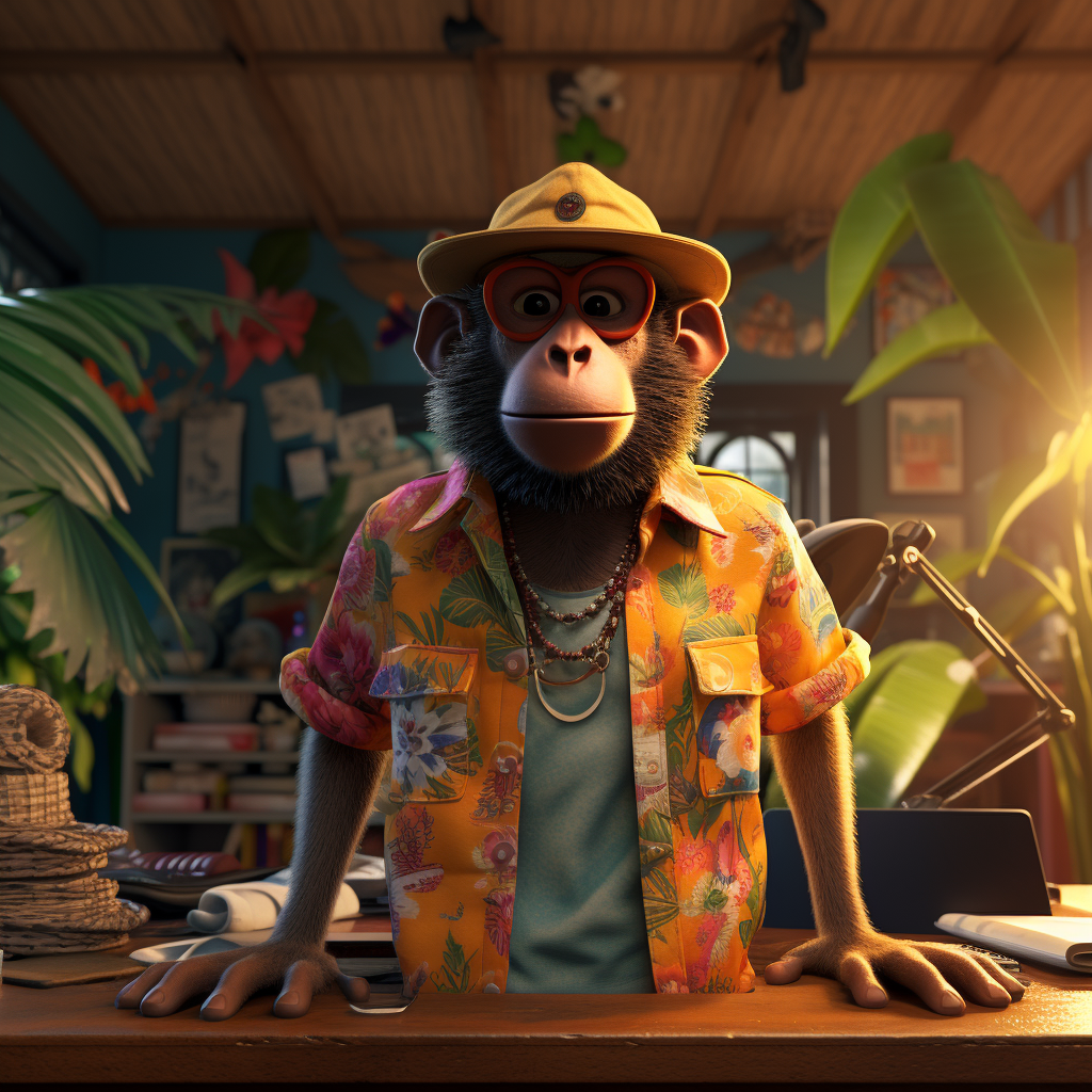 Monkey with Sly Expression in Tropical Shirt and Sailor Hat