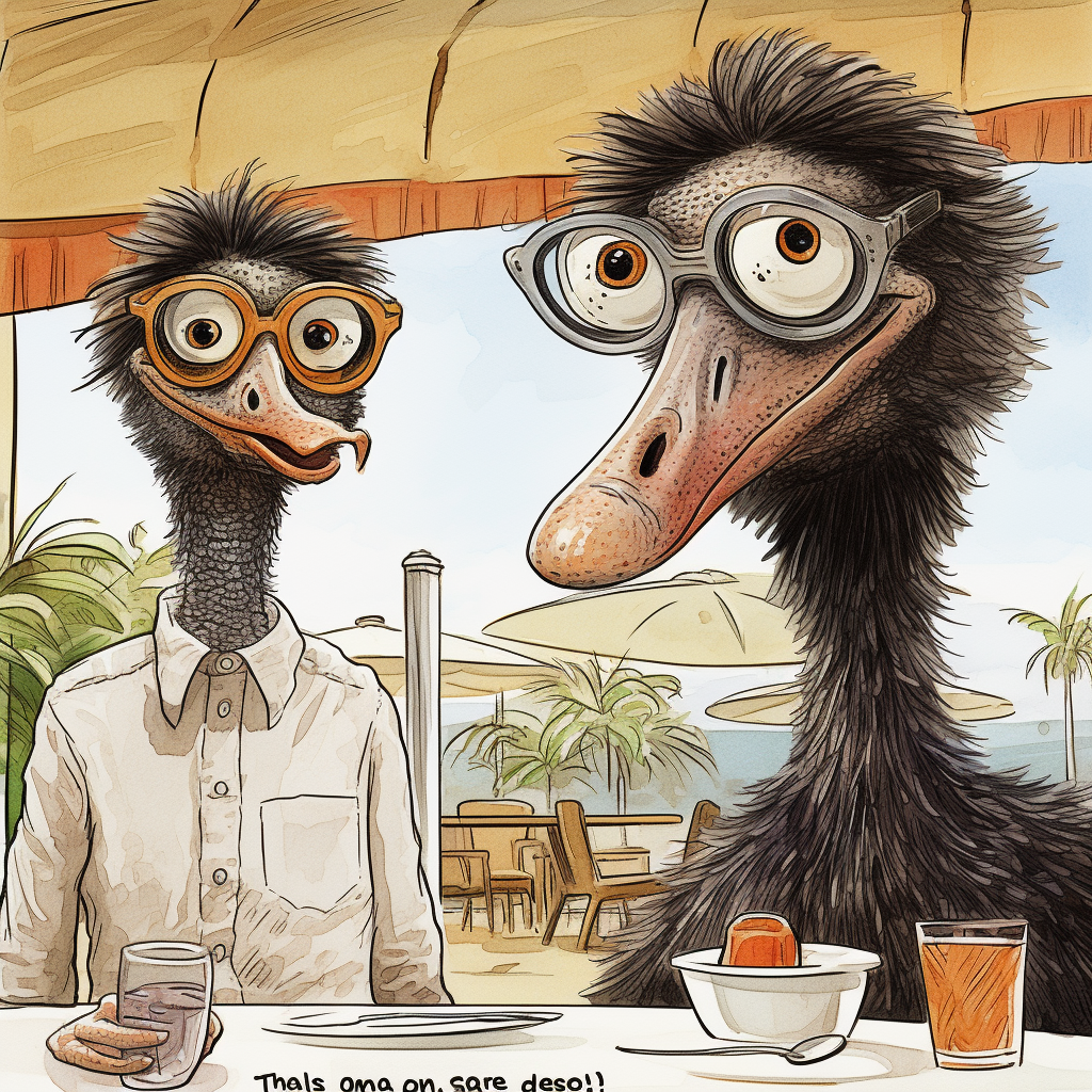 Humorous ostrich with sunglasses talks to restaurant