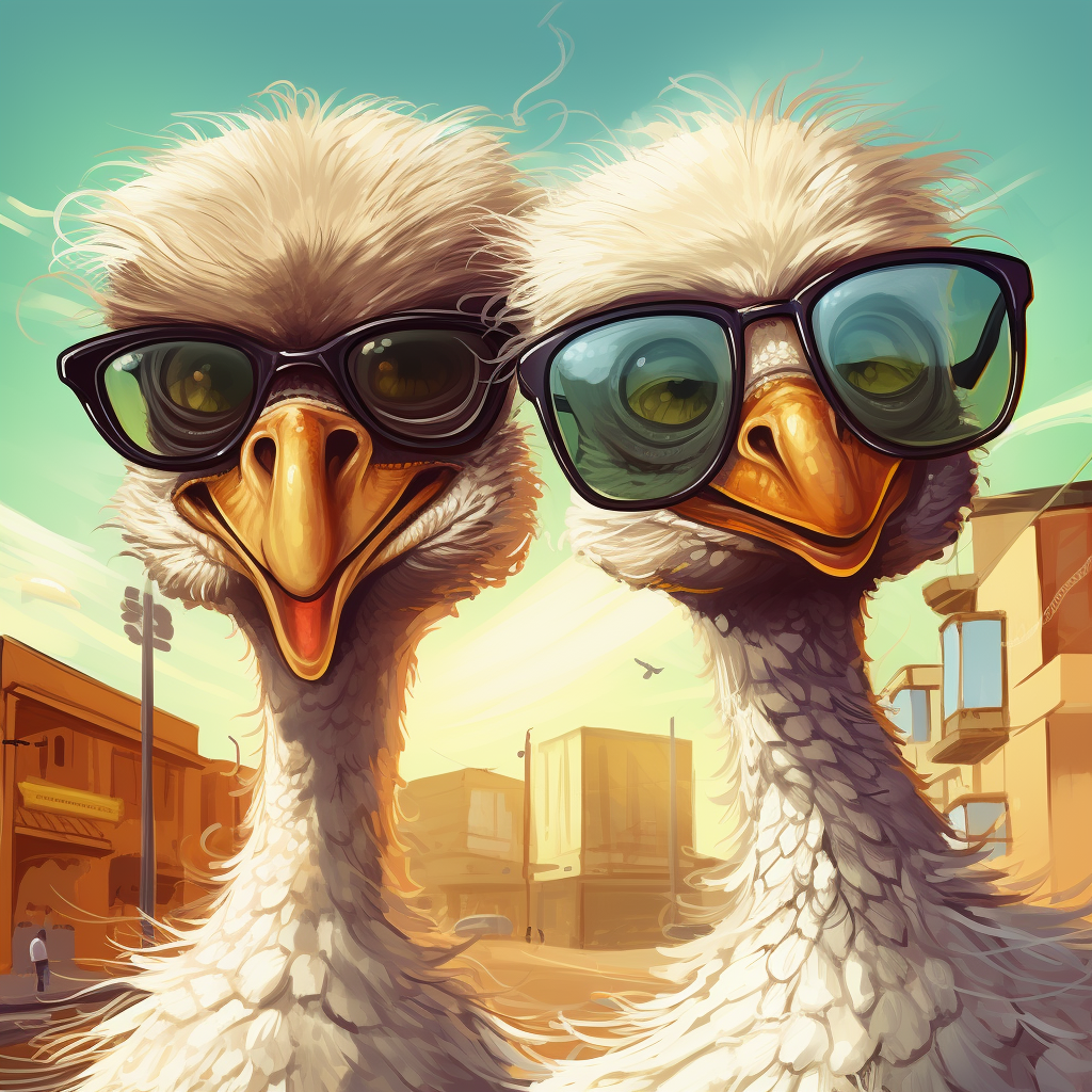 Two cool ostriches with sunglasses and cygarettes