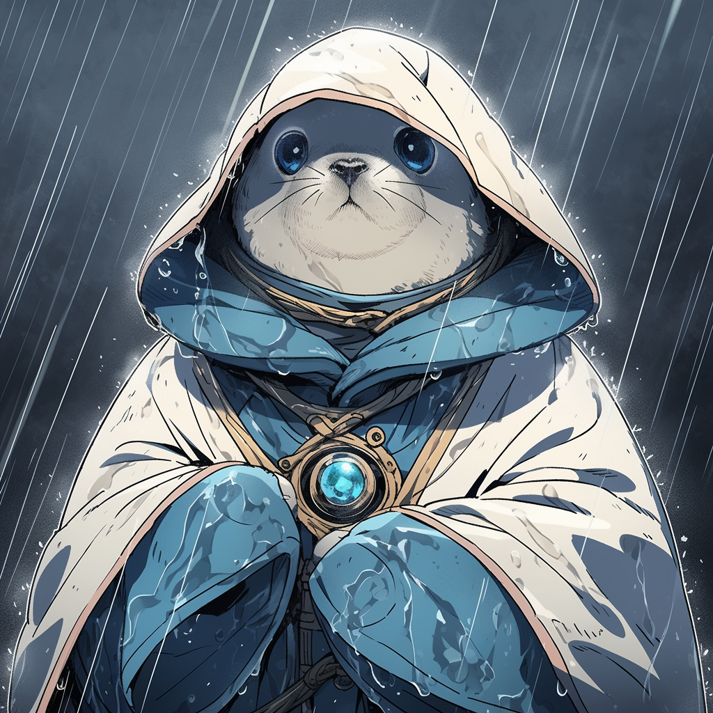 Anthropomorphic seal in medieval raincoat and armor with harpoon