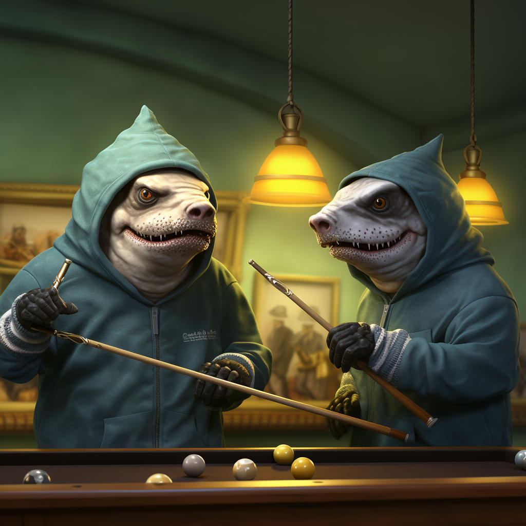 Anthropomorphic Sharks Playing Billiards