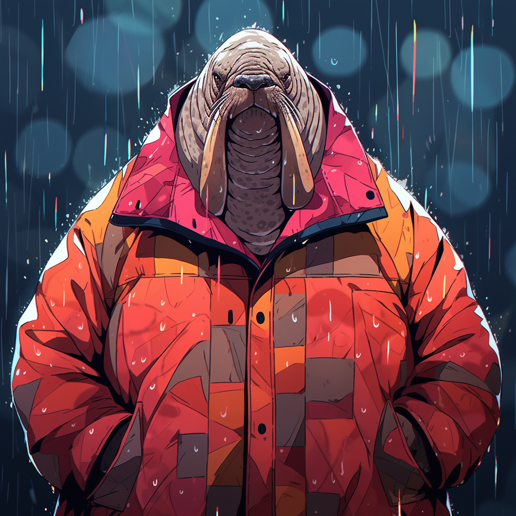 Anthropomorphic walrus in heavy rain