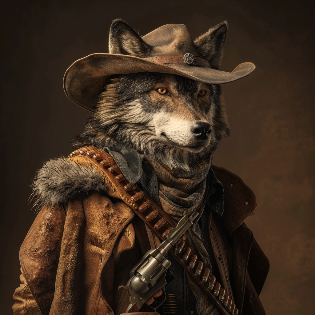 Wolf gunslinger in Western attire