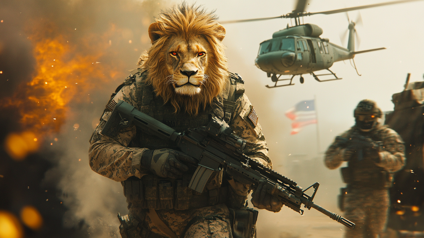 Lion in realistic military attire