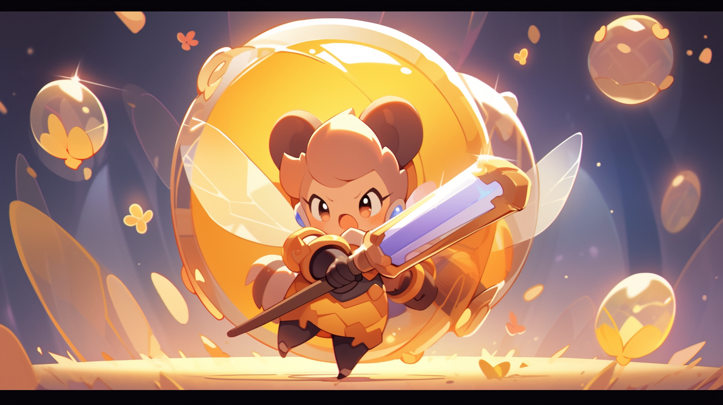 Cheerful honey bee character with glowing sword and shield bubble