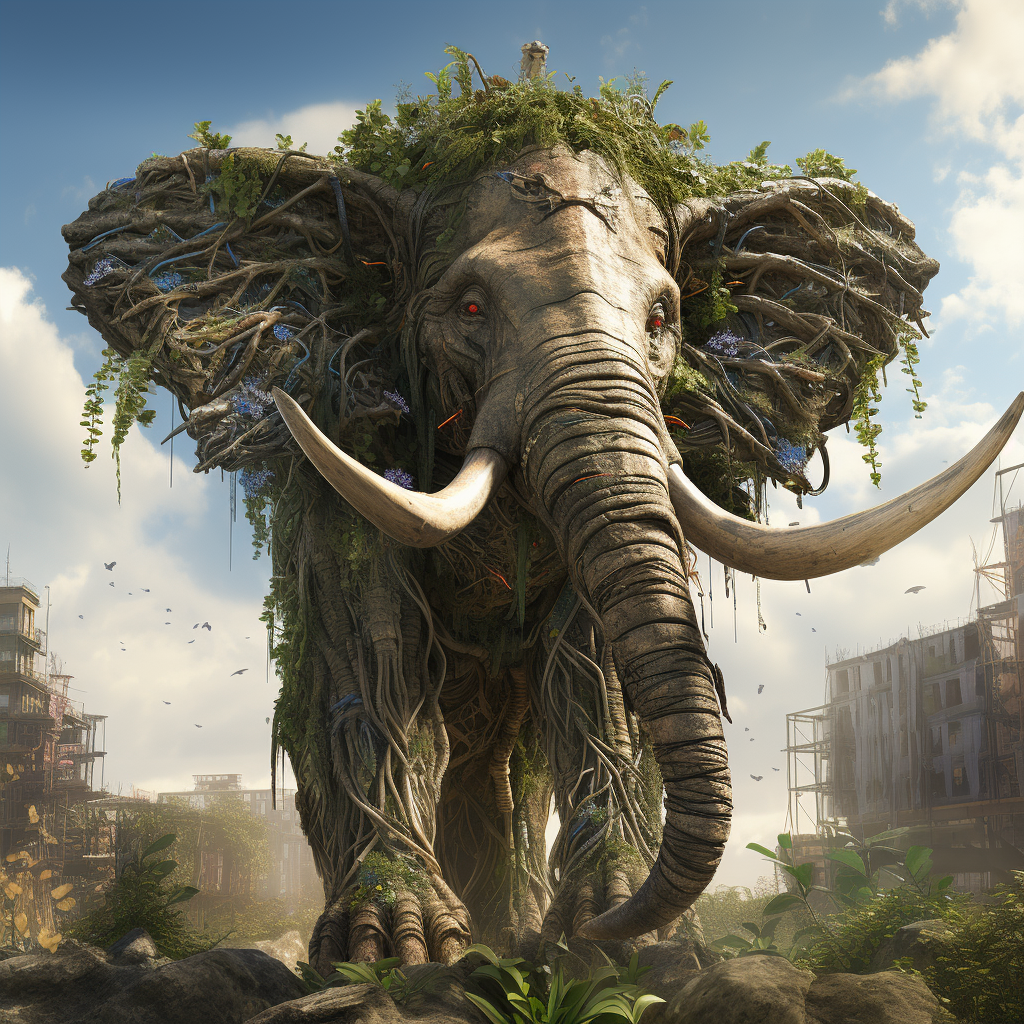 Anthropomorphous elephant destroying city with nature powers