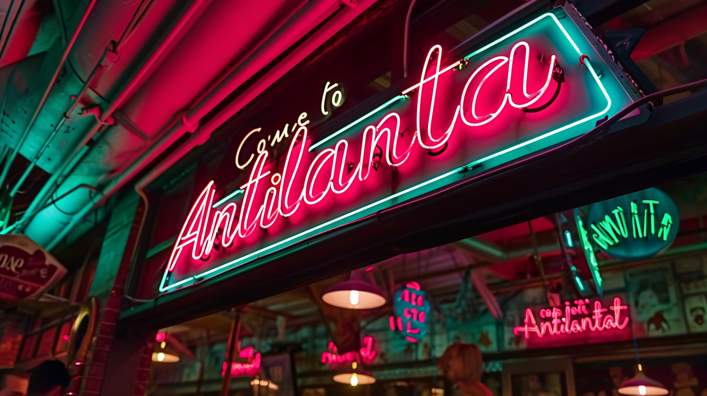 Exciting 1950s-style neon cinema sign in Antilanta