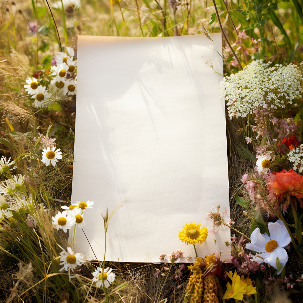 Antique blank paper in field with wildflowers