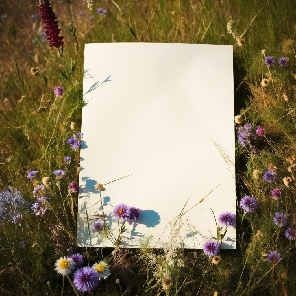 Antique blank paper in field with wildflowers