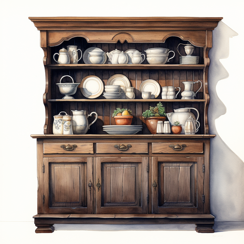 Watercolor depiction of an antique brown hutch