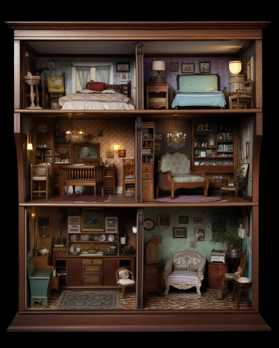 Detailed interior of antique doll house