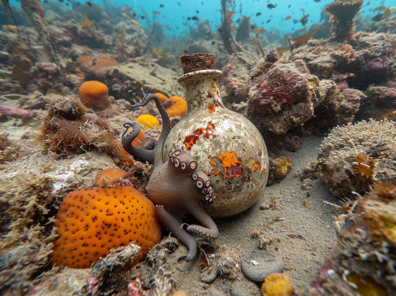 Glass bottle on sea floor with corals