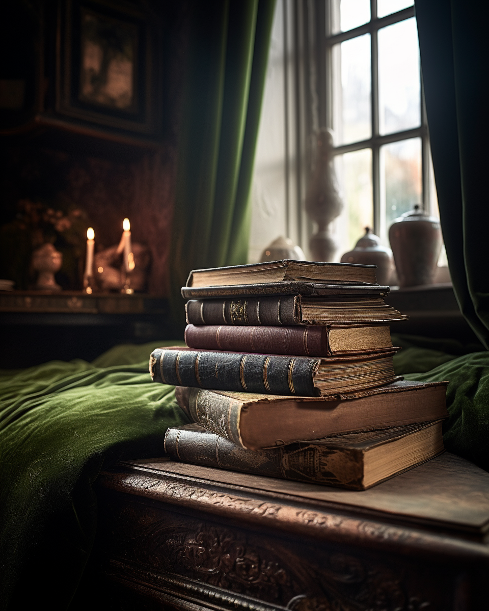 Close up of antique leather bound books