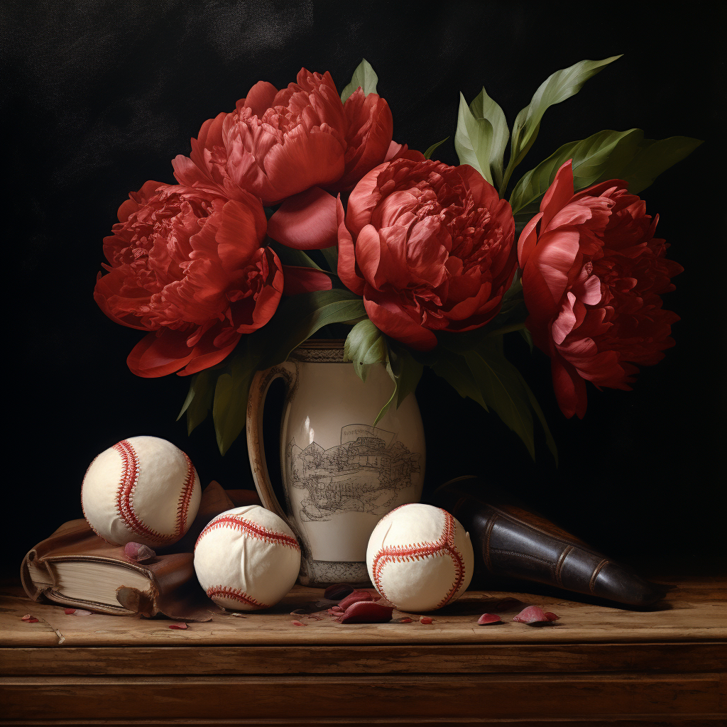 Antique lithograph of red peonies with baseball