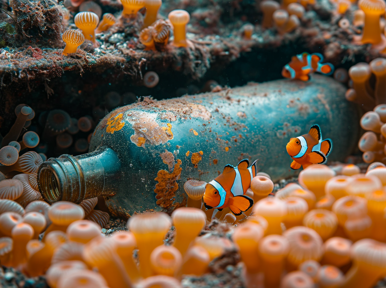 Colorful anemones on sea floor with antique mirror