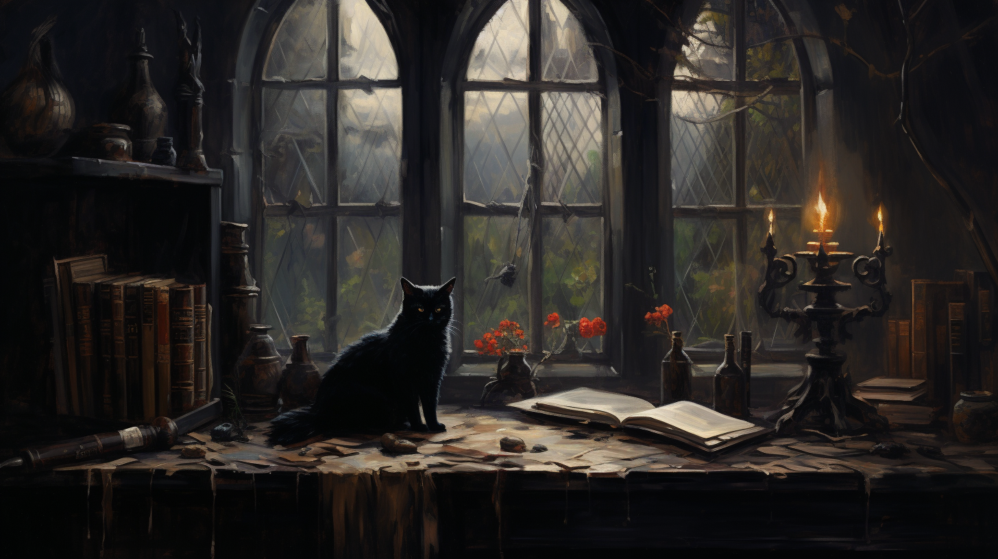 Antique oil painting of a black cat at wizard school