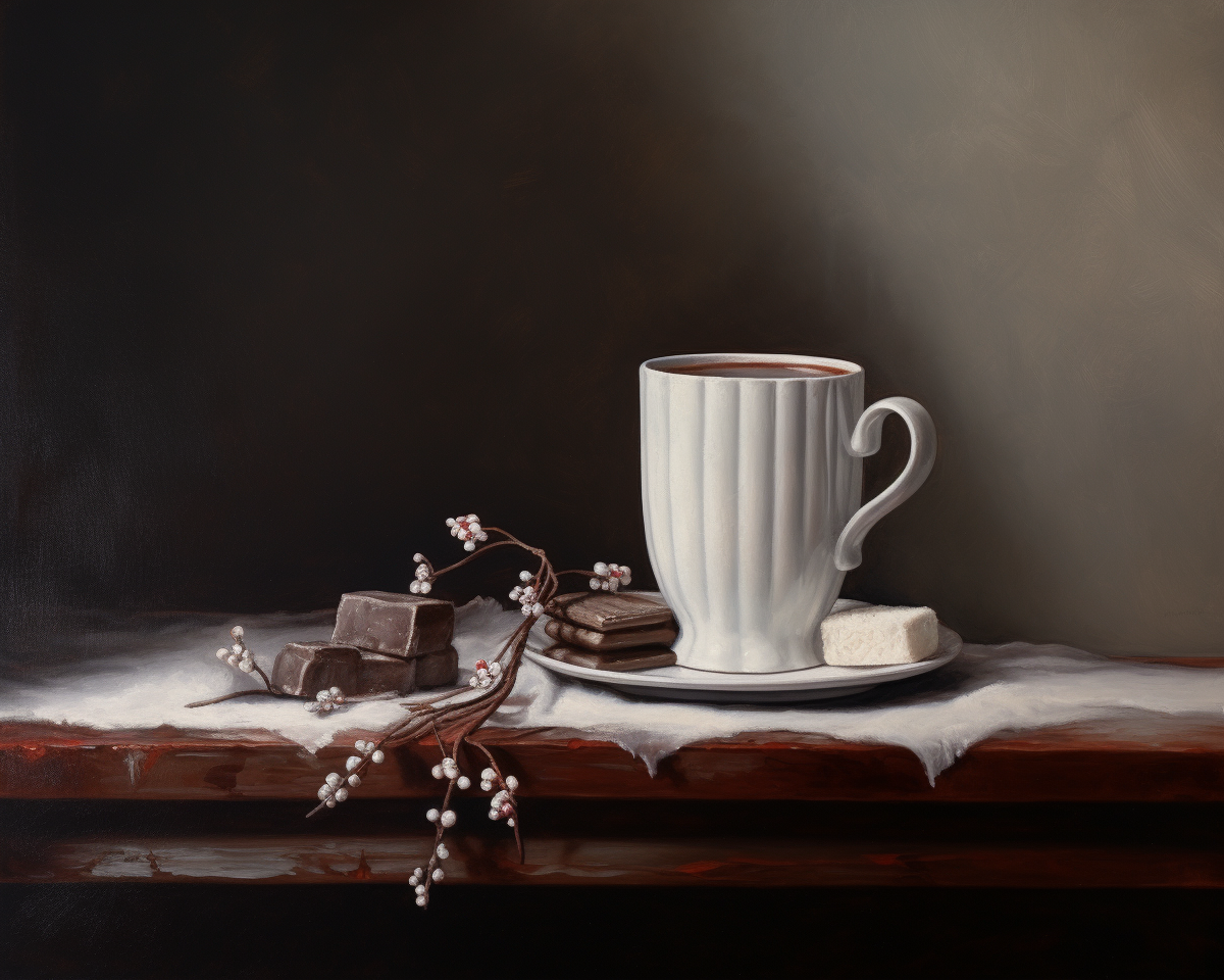 Beautiful antique oil painting with hot chocolate mug