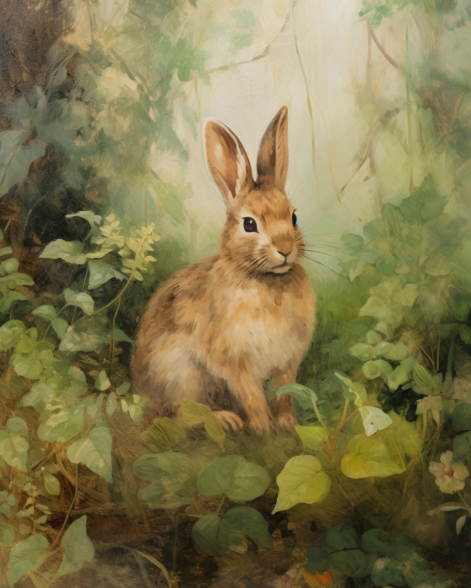 Vintage rabbit oil painting in forest