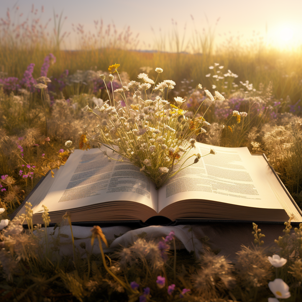 Antique Open Book in Wildflowers