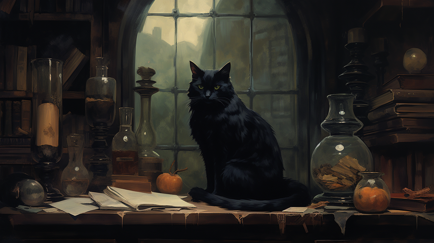 Mystical scene with black cat in antique painting