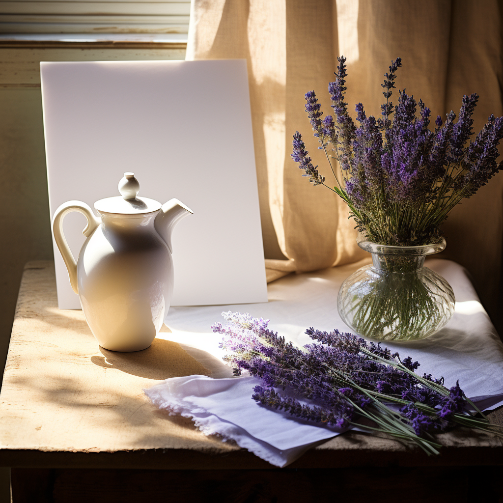 Antique paper near ceramic jug and lavender