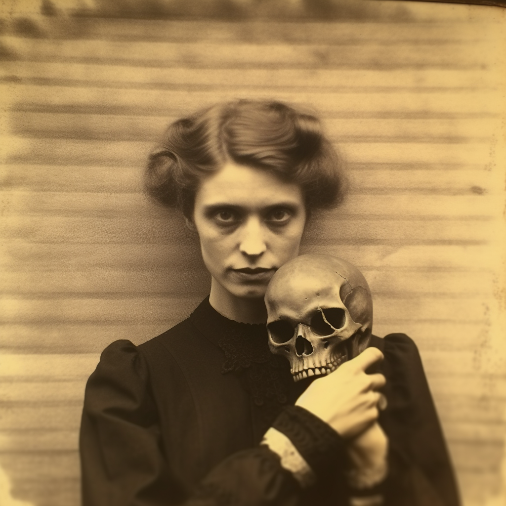 Antique photograph black white lady skull odd